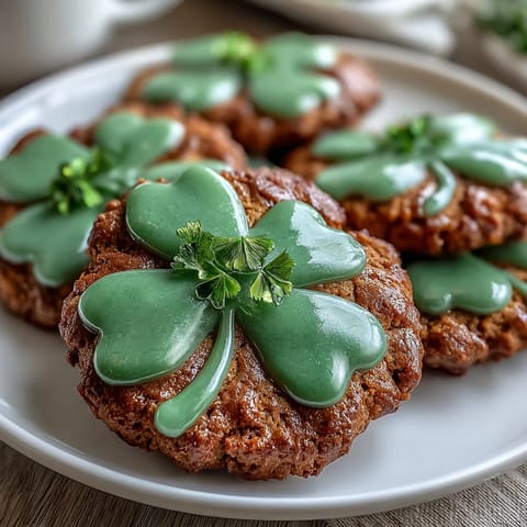 Shamrock-shaped sugar cookies with bright green royal icing, decorated for St. Patrick's Day celebrations and holiday dessert trays.