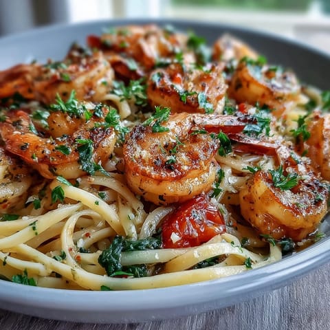 A vibrant one-pot garlic shrimp with angel hair pasta, bursting with fresh vegetables and zesty lemon flavor.