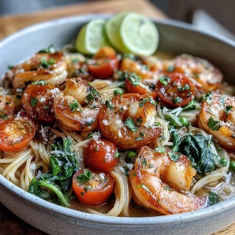 One-pot garlic shrimp with angel hair, featuring tender shrimp, snap peas, and cherry tomatoes in a fragrant white wine sauce.