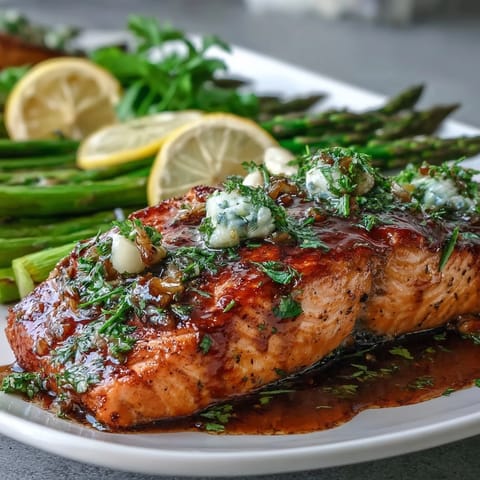 Garlic Butter Salmon with Asparagus, roasted to perfection with golden salmon fillets and vibrant green asparagus spears, all drizzled in a rich garlic butter sauce.