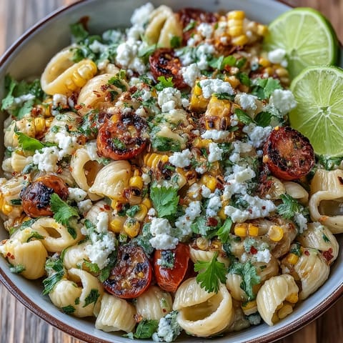 Vibrant Elote Pasta Salad with creamy Cotija, charred corn, and zesty lime, tossed with chili and cilantro for a fresh, colorful side dish.
