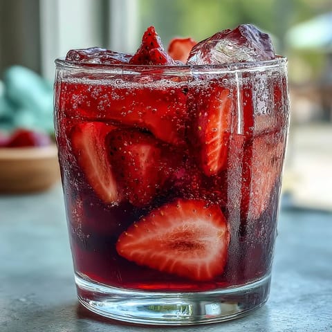 A vibrant glass of Homemade Starbucks Strawberry Açaí Refresher with fresh strawberries and ice cubes.  