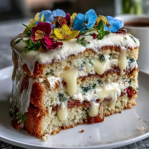 Elegant spring cake with pressed edible flowers and tangy lemon curd filling, perfect for seasonal celebrations.  