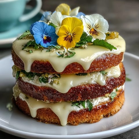 Light lemon sponge cake layered with creamy lemon curd and adorned with delicate pressed edible flowers for a stunning spring dessert.  