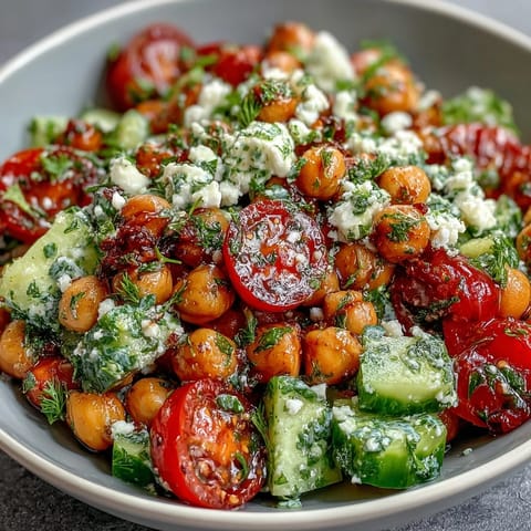 Cold Chickpea Salad with Lemon Herbs, featuring fresh cucumbers, tomatoes, and zesty lemon dressing in a vibrant bowl.  