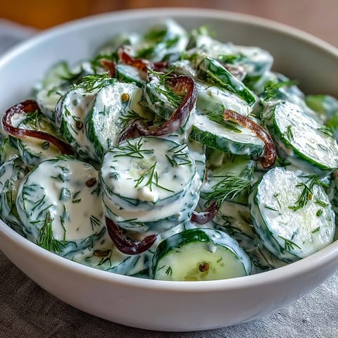 Creamy Cucumber Dill Salad with crisp cucumbers in tangy dill dressing, perfect for summer picnics and barbecues.