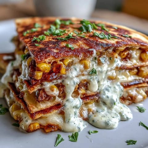 Crispy Cinco de Mayo Street Corn Quesadillas filled with roasted corn, cheese, and a smoky chipotle crema drizzle.