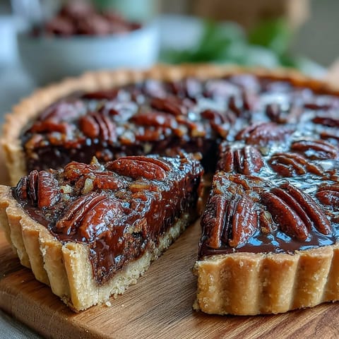 Decadent Kentucky Derby Chocolate Pecan Tart with rich chocolate filling and crunchy pecans in buttery crust.