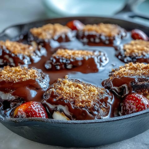 4th of July Smores Dip in a Cast Iron Skillet: golden marshmallows toasted over melted chocolate, served with graham crackers for a festive, gooey dessert.