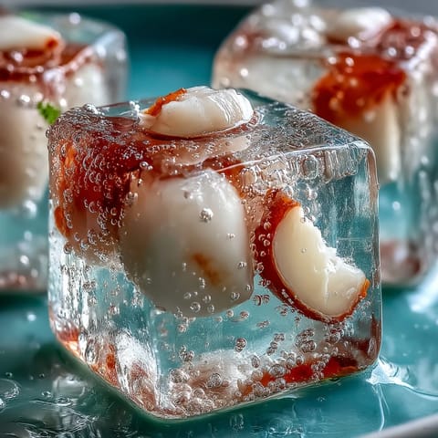 Translucent lychee agar jelly cubes float in bubbly, citrusy yuzu drink delight.