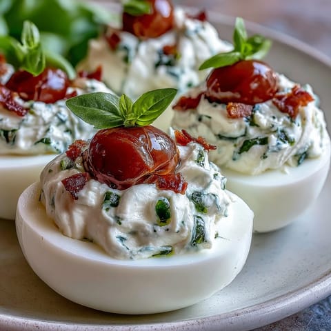 Colorful Caprese deviled eggs showcasing fresh basil oil and diced tomato garnish.