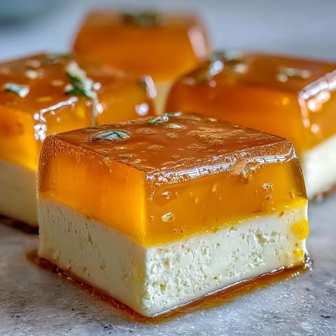 Refreshing mango agar-agar jelly cubes with creamy coconut milk topping shown.