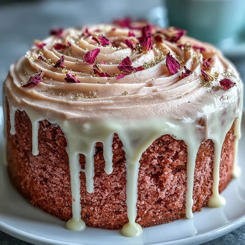 A stunning blush-pink velvet cake infused with rosé, layered with creamy frosting and crowned with an elegant gold drip.