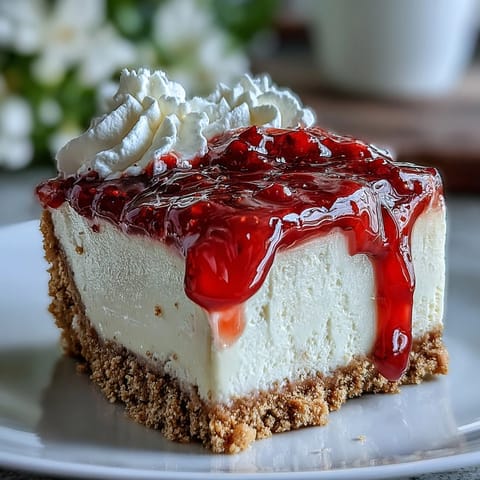 Creamy Mother's Day no-bake cheesecake featuring vibrant raspberry coulis topping.