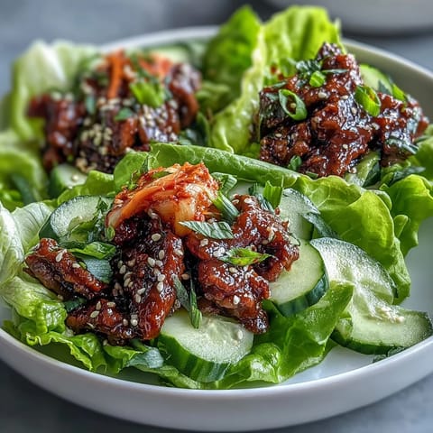 Tender Korean BBQ beef wraps overflowing with crisp lettuce, spicy kimchi, and vibrant julienned vegetables.