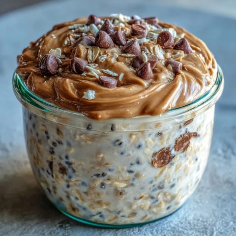Creamy protein cookie dough overnight oats topped with mini chocolate chips and nuts.