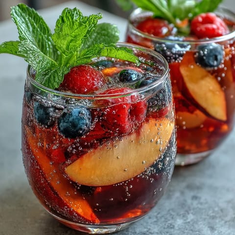 Vibrant Summer Sangria Mocktail with fresh peach and berries overflows a glass.