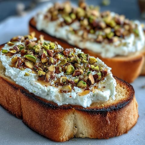 Golden whipped ricotta toast topped with honey drizzle and chopped pistachios.
