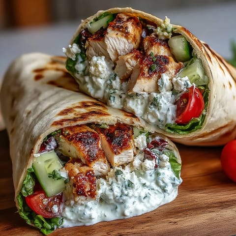 Fresh Tzatziki Chicken Wraps bursting with cucumber, feta, and Mediterranean flavors.