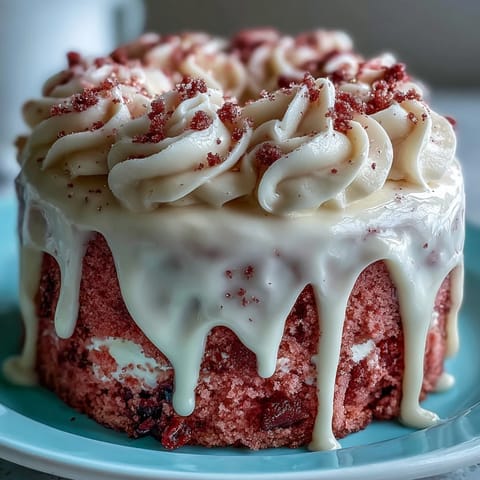 Decadent pink velvet cake, infused rosé, topped with cream cheese frosting and gold.