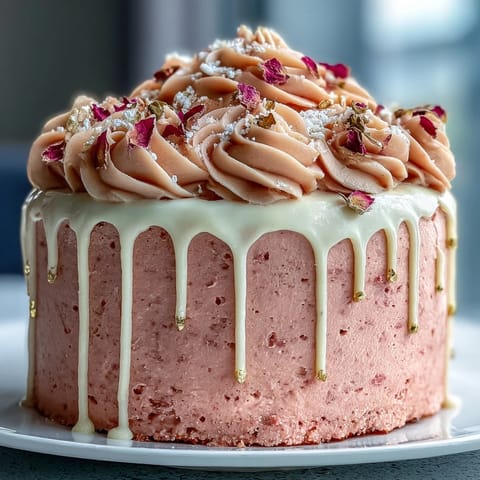 Elegant Rosé Velvet Cake with shimmering gold drip, perfect for bridal showers.
