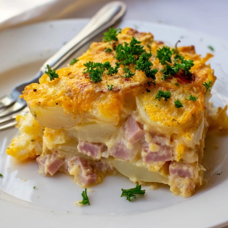 A comforting pan of homemade Cheesy Potato and Ham Casserole, perfect for family dinner.