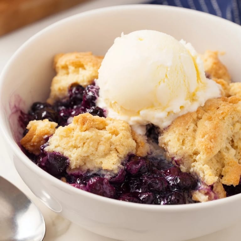 Fresh blueberries bubbling underneath a flaky, buttery biscuit crust in warm cobbler.