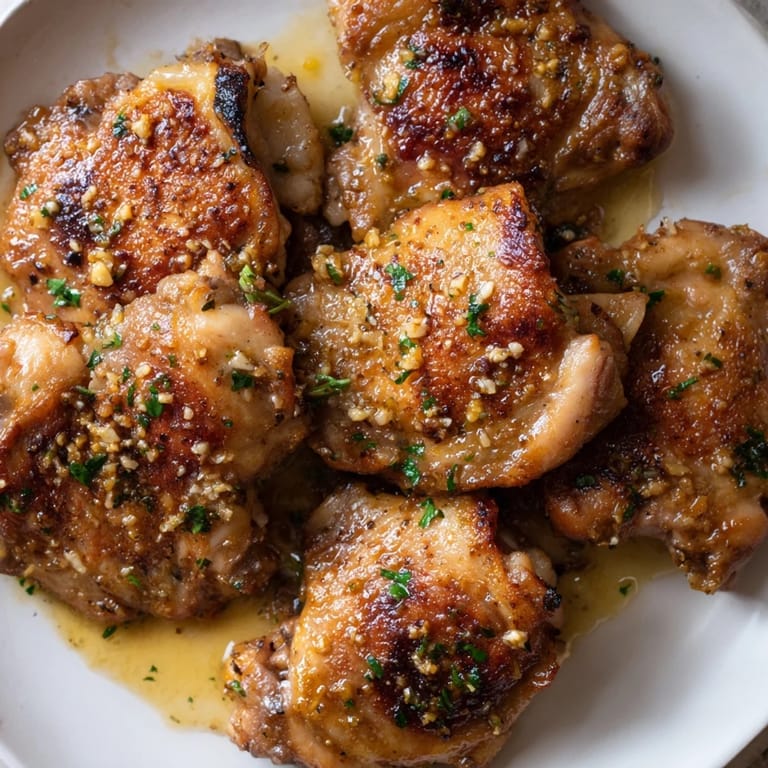 Golden, crispy chicken thighs in rich garlic butter sauce, ready to serve.  