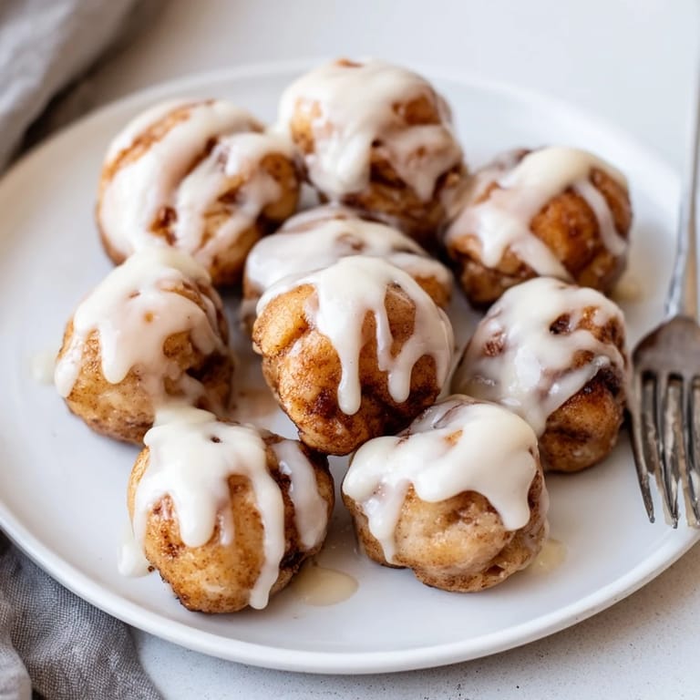 Freshly baked gooey cinnamon roll bites topped with rich cream cheese icing, inviting aroma.