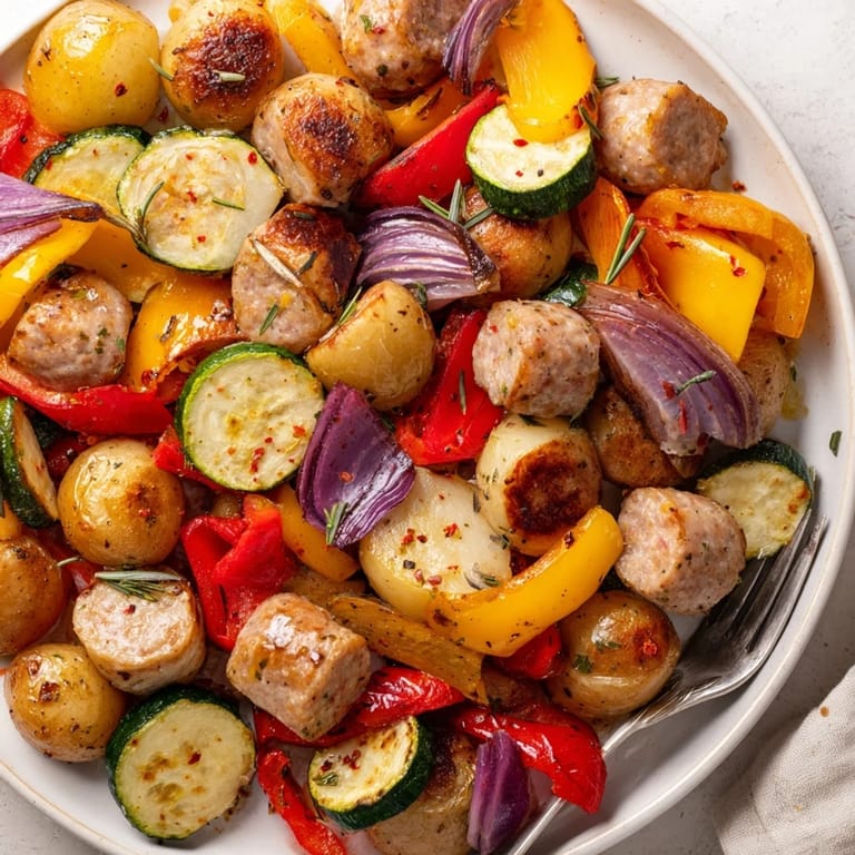Delicious One-Pan Sausage and Veggie Bake with roasted potatoes and fresh cherry tomatoes.  