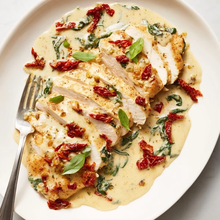 Golden chicken breasts in a rich, creamy Tuscan chicken sauce with vibrant spinach.  