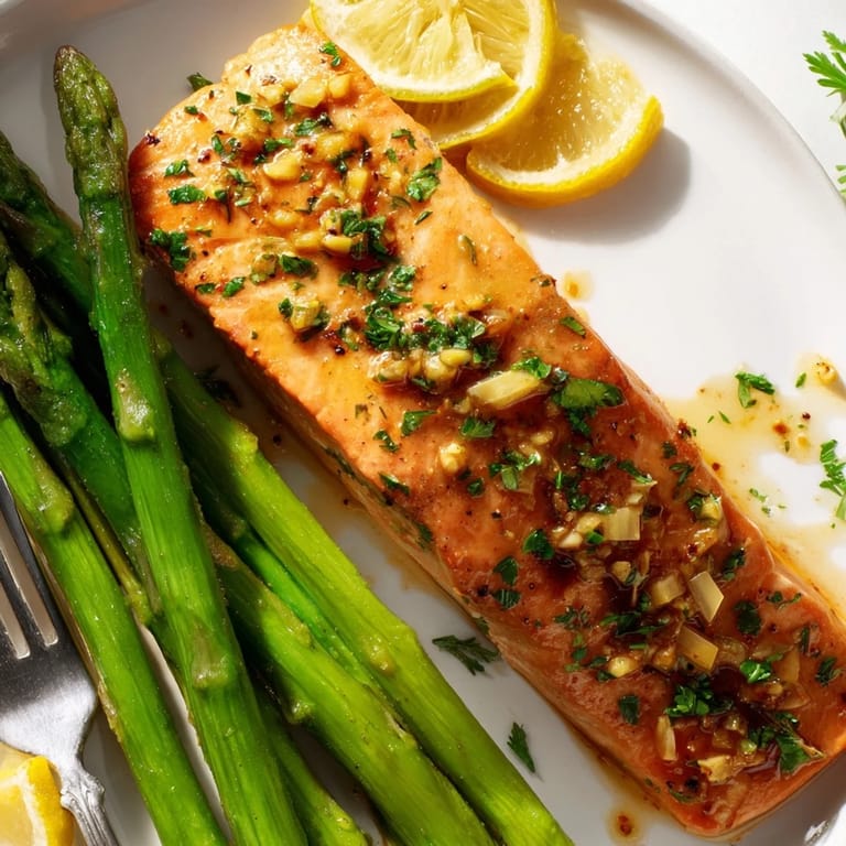 Brightly roasted salmon fillets and asparagus, infused with garlic and lemon flavors.
