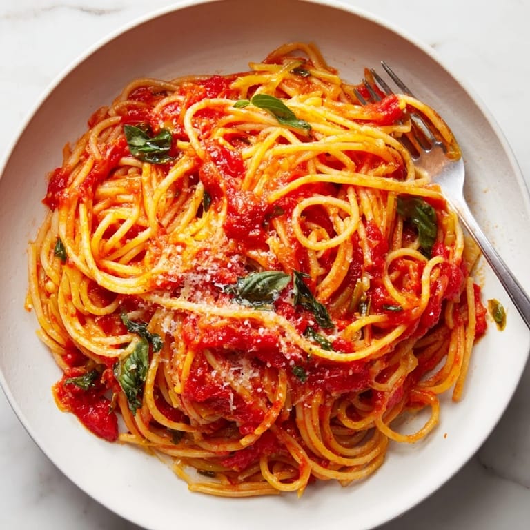 A bowl of al dente spaghetti topped with rich, vibrant homemade marinara sauce.  