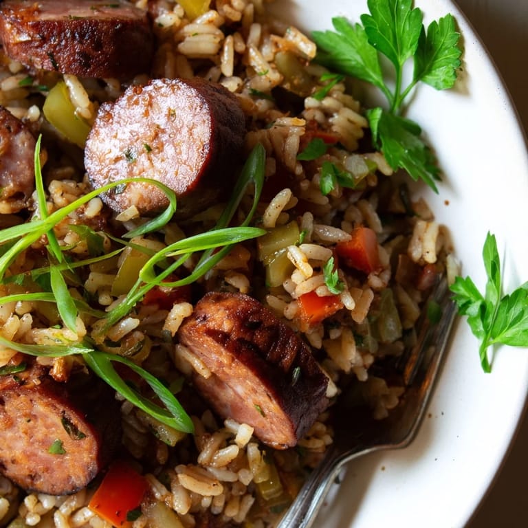 Savor the smoky taste of One-Pot Cajun Sausage and Rice served hot on a plate.