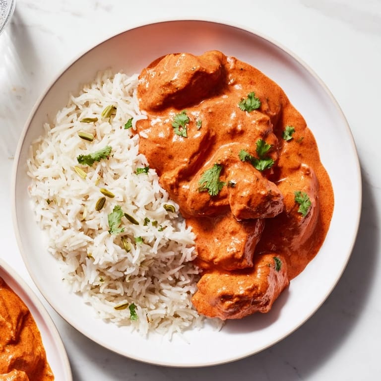 Close-up of creamy Butter Chicken served with basmati rice pilaf; a comforting Indian dinner.