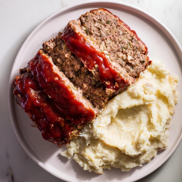 The moist and flavorful Classic Meatloaf sits beside fluffy mashed potatoes; a comforting plate.