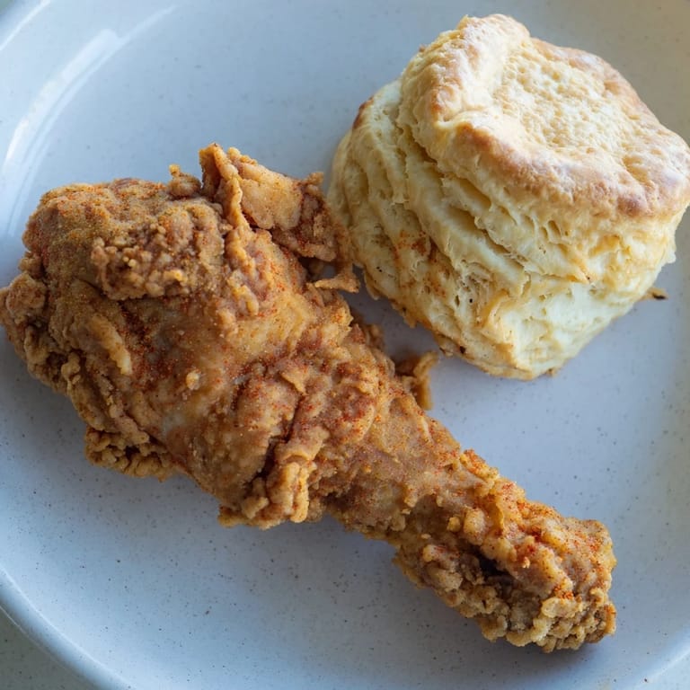 Imagine Southern Fried Chicken, hot and juicy, paired with homemade buttermilk biscuits for a comforting supper.
