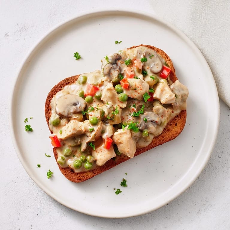 Rich Chicken à la King, visible with diced chicken and vegetables, spooned over crispy toast, ready to eat.