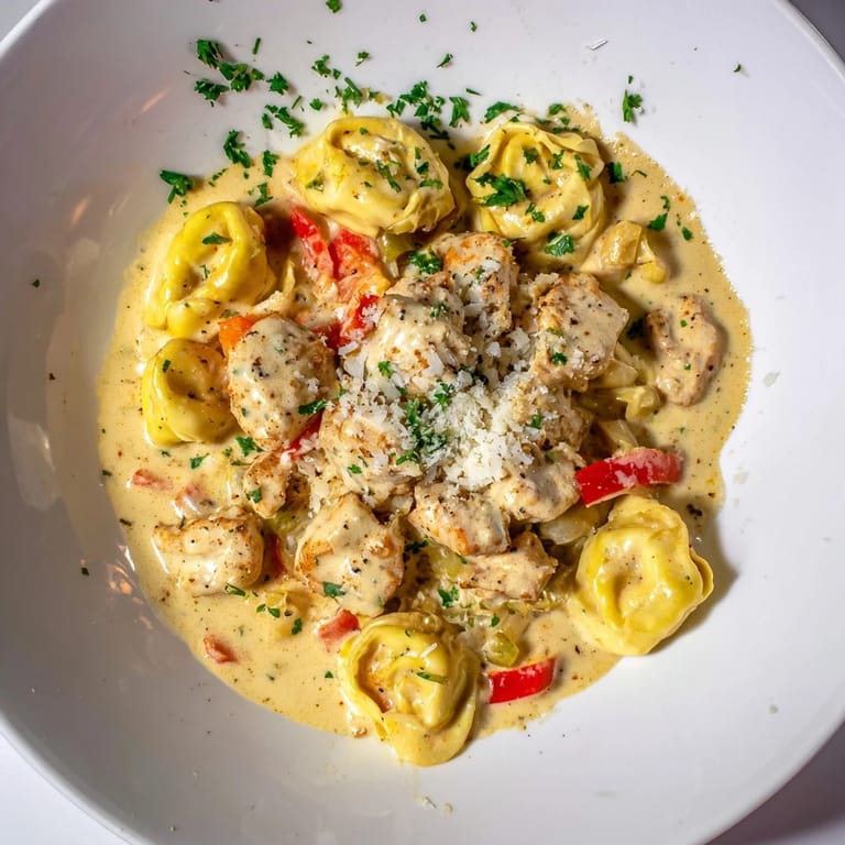 Savory Zesty Cajun Garlic Parmesan Chicken Tortellini dish with a vibrant red pepper and garlic aroma tempting you.