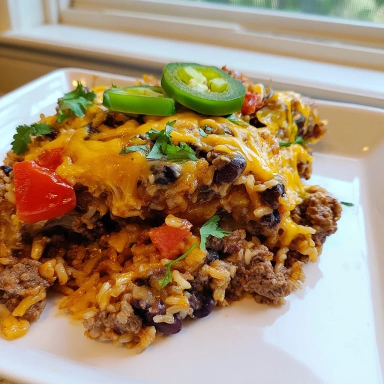 A close-up shot of steaming Tex-Mex Beef & Rice Casserole, garnished with fresh cilantro and jalapeños.