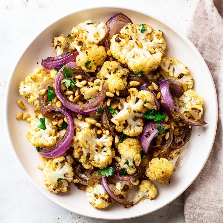 Freshly tossed roasted cauliflower and lemon pine-nut dressing salad, perfect for a Mediterranean taste.