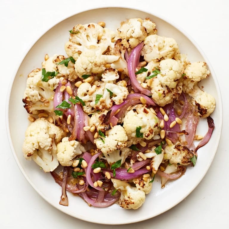 This warm roasted cauliflower salad offers a bright lemon dressing and crunchy toasted pine nuts.