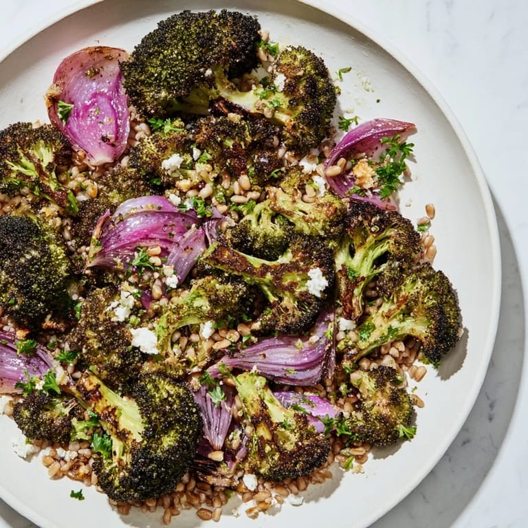This colorful Warm Roasted Broccoli and Farro Base recipe is garnished and ready for a delicious meal.