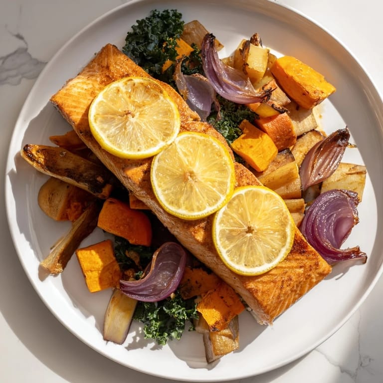 Flaky cooked sheet-pan salmon with vibrant root vegetables and fresh, wilted greens for dinner.