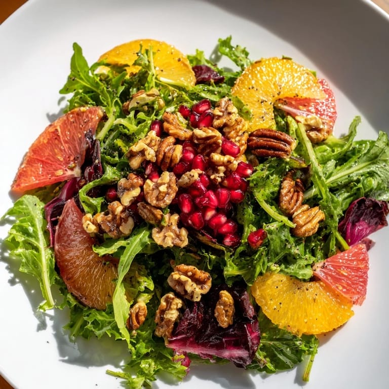 Bright and fresh Winter Greens Salad with citrus and crunchy toasted nuts, a light meal.