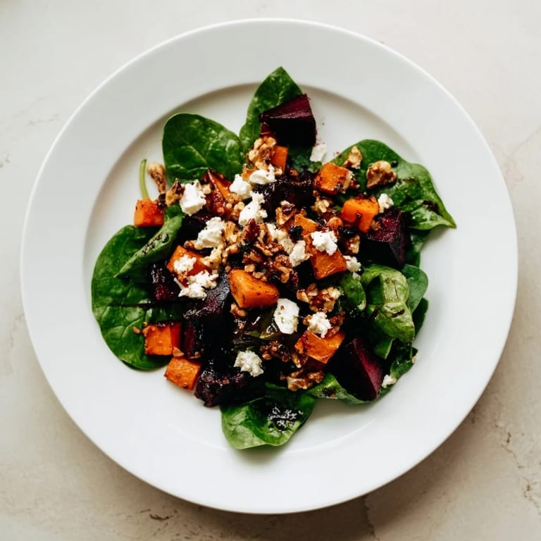 Golden roasted butternut squash and beets in a fresh spinach salad with tangy dressing and goat cheese.