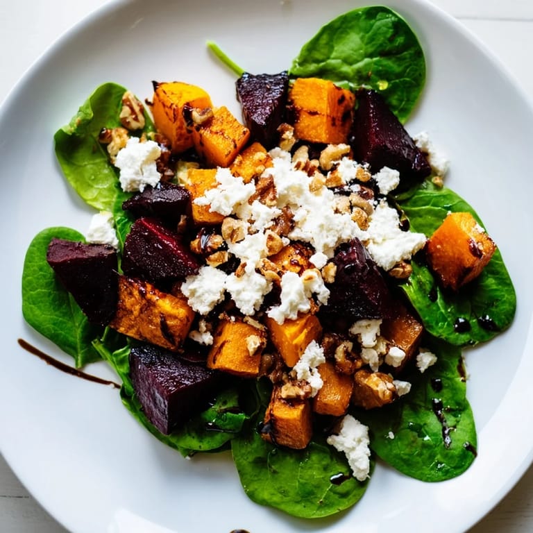 Bright and flavorful Roasted Beet, Butternut & Spinach Salad: a beautiful vegetarian lunch topped with walnuts.