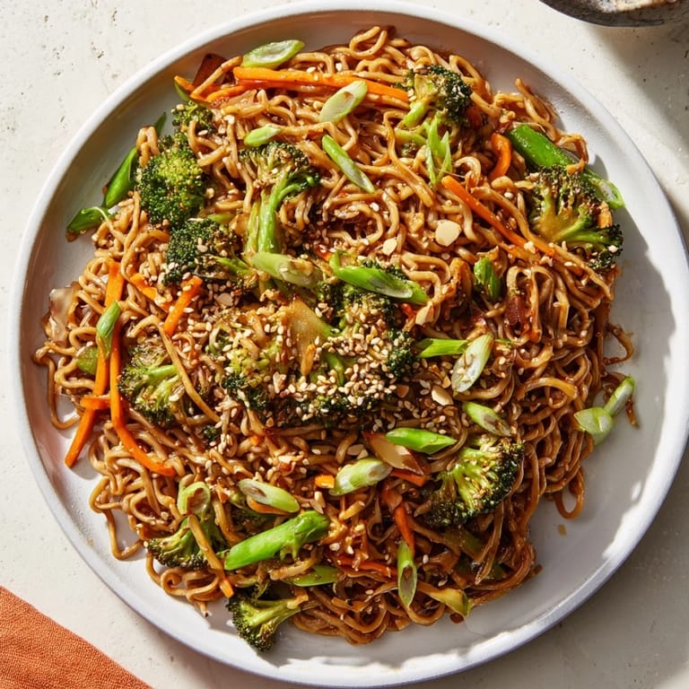 Sizzling Ramen Noodle Stir-Fry Remix: a close-up shows tender noodles and crisp vegetables, ready to serve and enjoy.