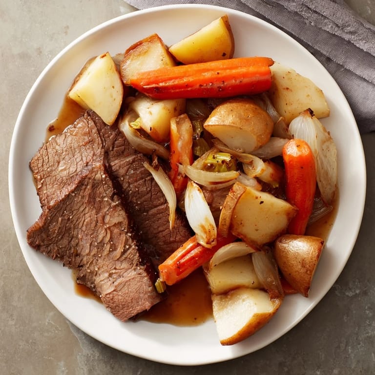 A close-up of a steaming Sunday Pot Roast, filled with colorful, flavorful roasted root vegetables.