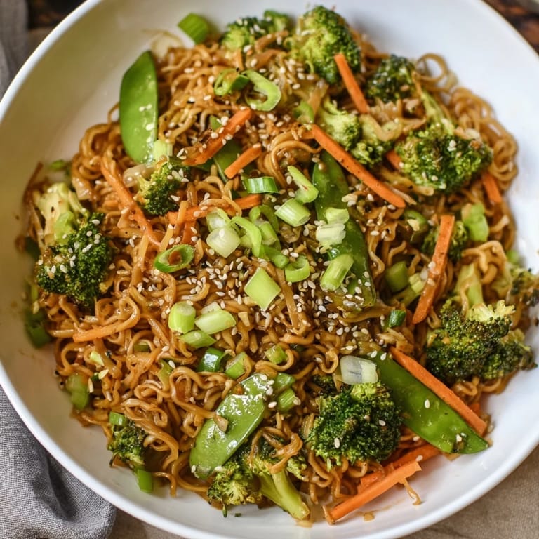 Delicious Ramen Noodle Stir-Fry Remix: a vibrant shot of the finished dish, garnished with sesame seeds and green onions.